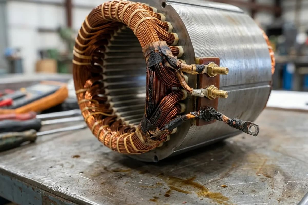 Bobinage brûlé d’un moteur électrique industriel