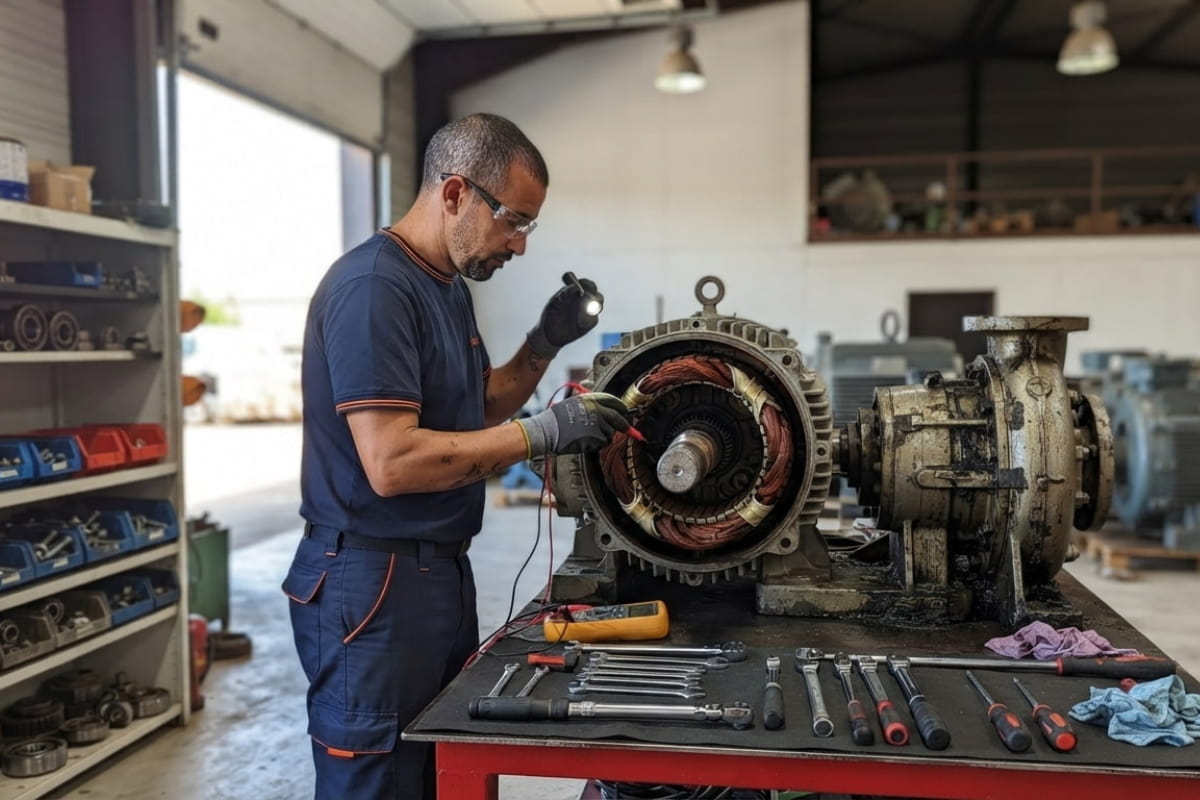 Technicien diagnostiquant un moteur électrique industriel démonté en atelier