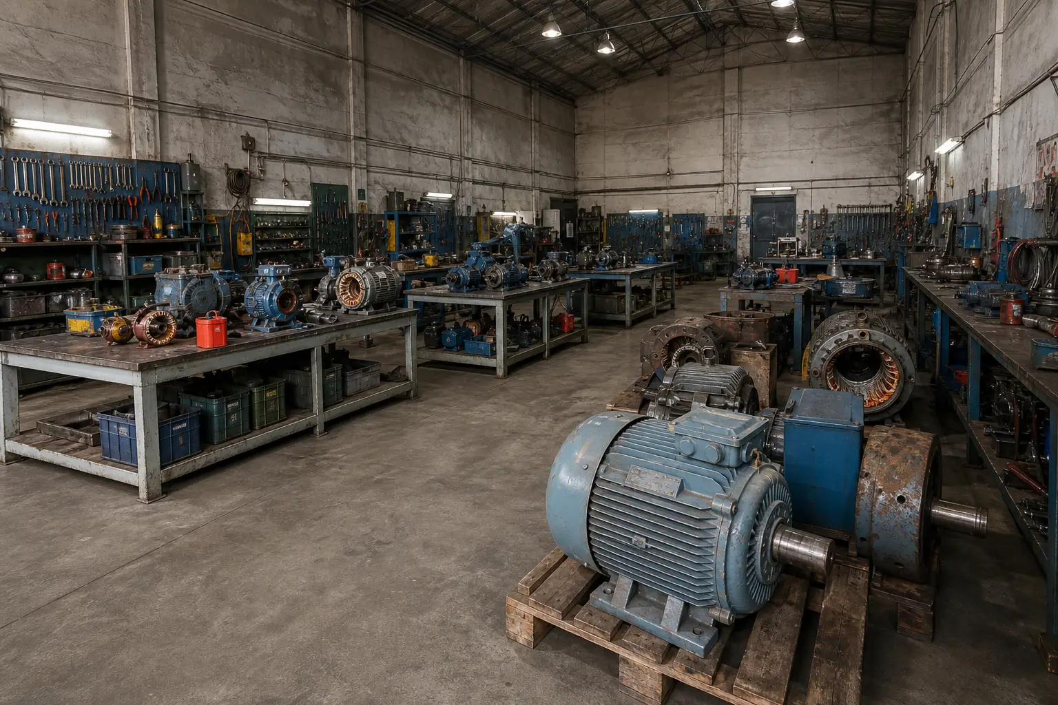 Atelier électromécanique équipé pour la réparation de moteurs et pompes à Marrakech