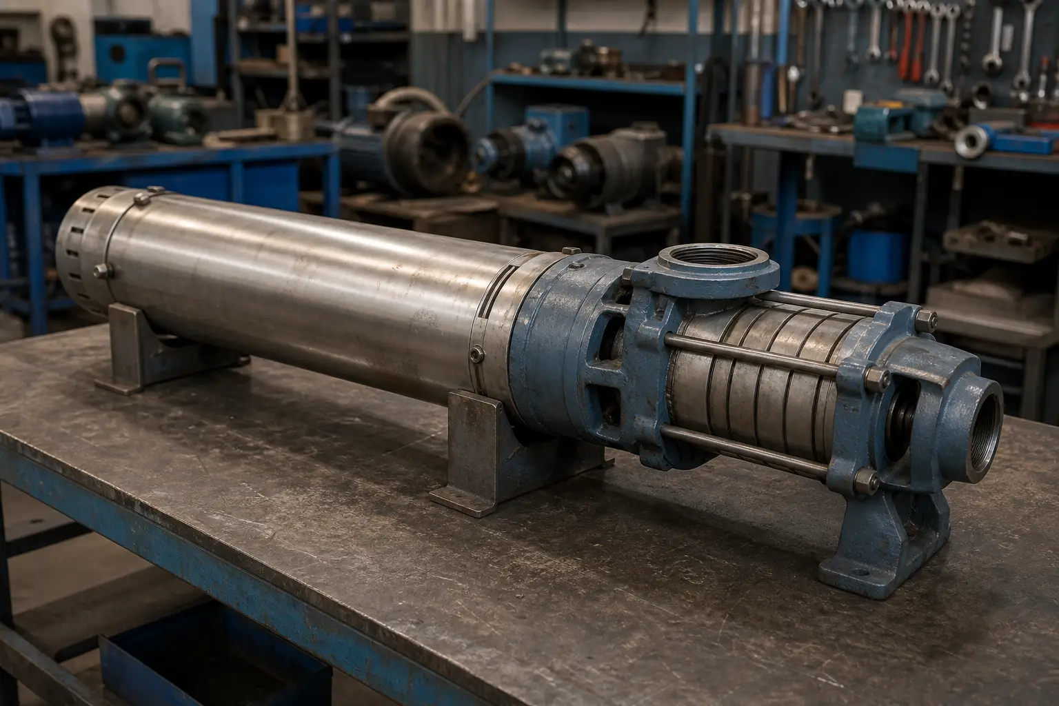 Moteur immergé et pompe multicellulaire préparés pour contrôle en atelier