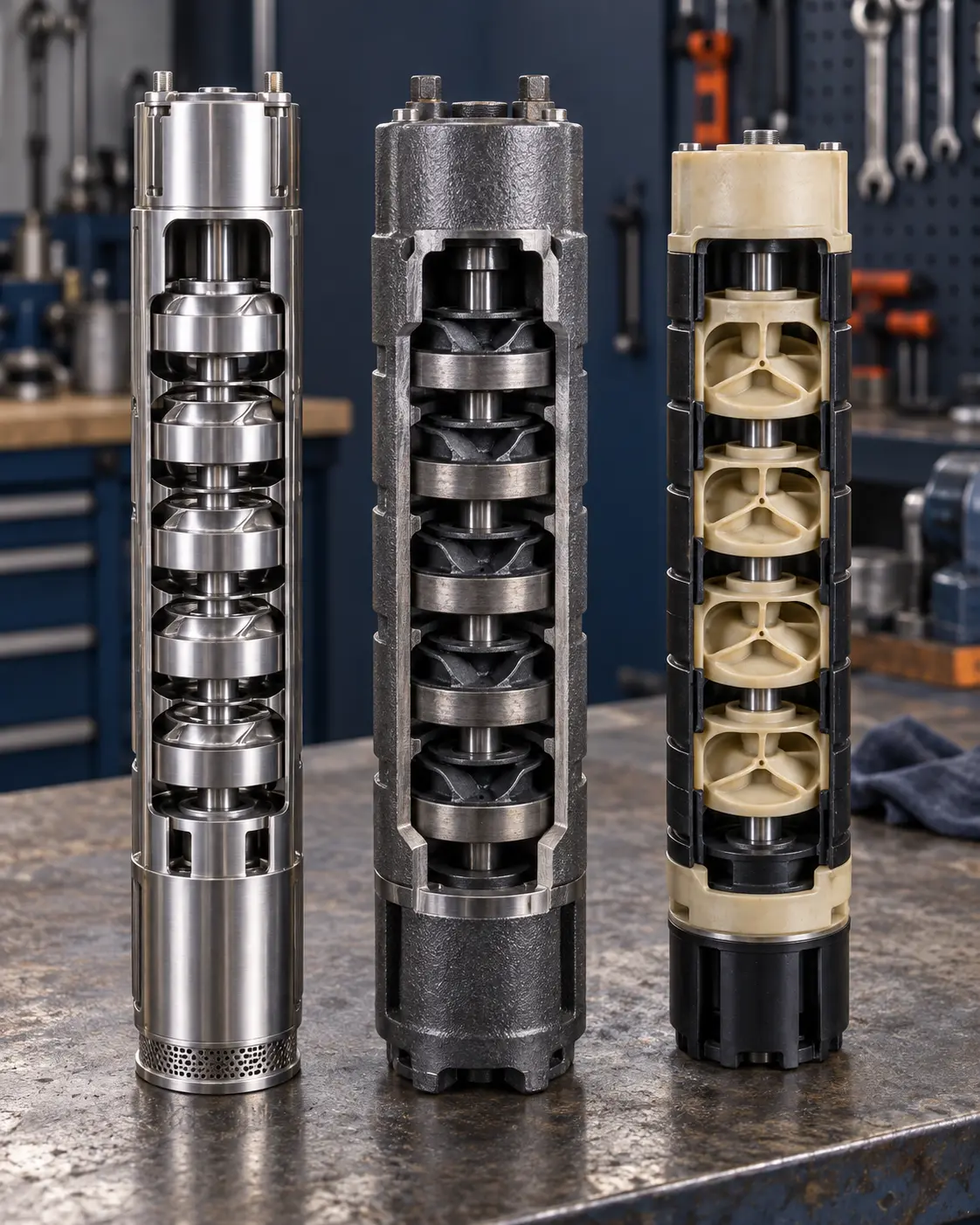 Trois ensembles hydrauliques de pompes immergées en inox, en fonte et en Noryl
